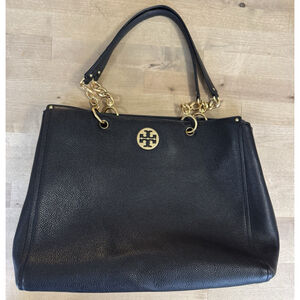 Tory Burch Everly Black Pebbled Leather Tote Bag Purse w/ Gold Hardware